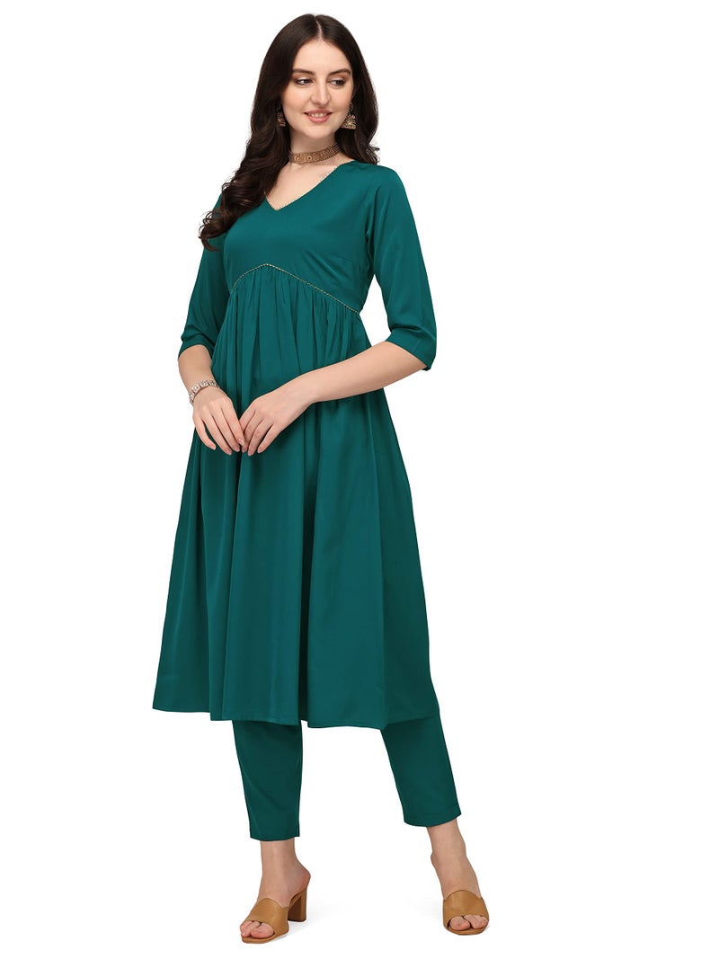 FIORRA Women's Teal Green Crepe Gathered Flared Kurta with Pant and Dupatta SET0053-XL - Image 4