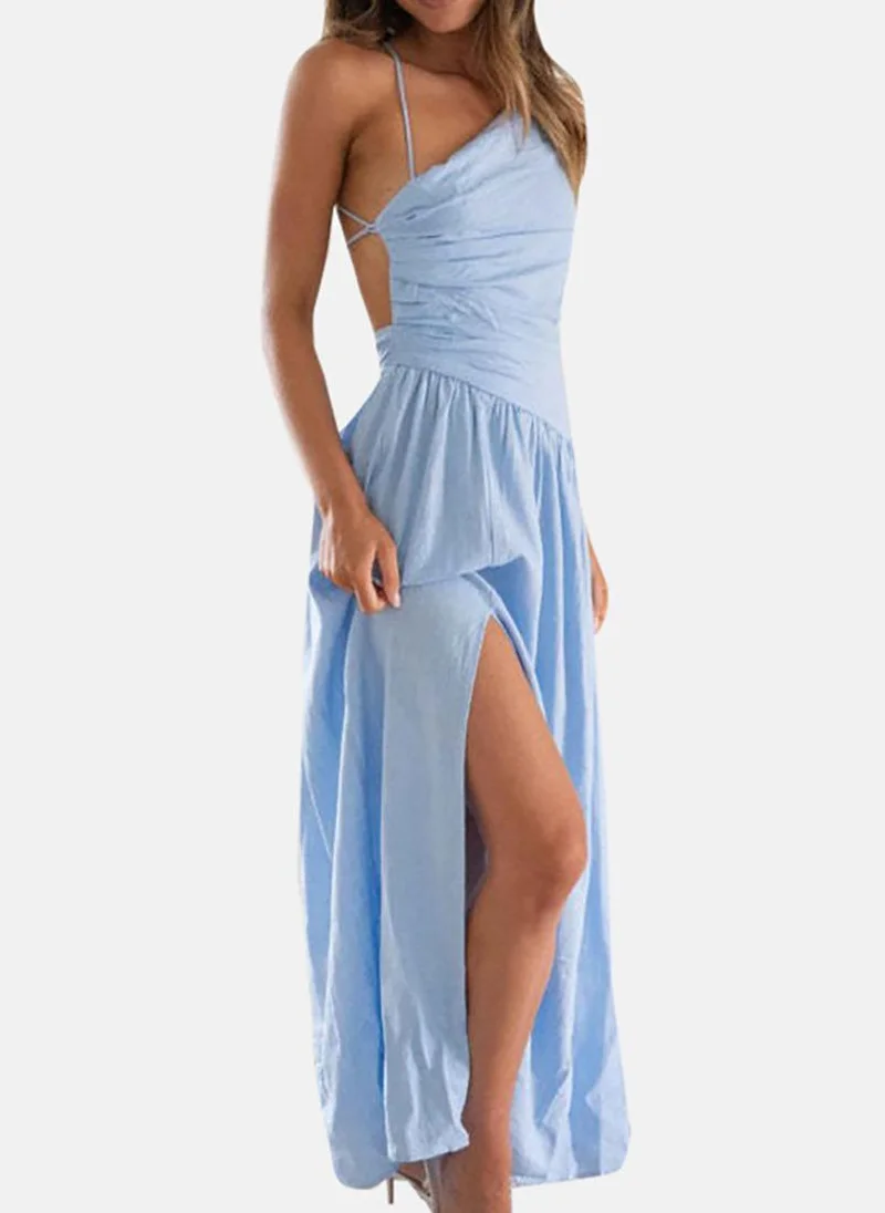 YUNIQEE Blue Women Shoulder Straps Cut Out Maxi Dress