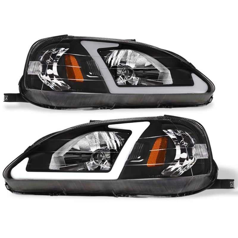 TLAPS 7422448981971 Compatible With 19992000 Honda Civic DRL LED Strip Bar Black Housing Headlights With Amber Reflector