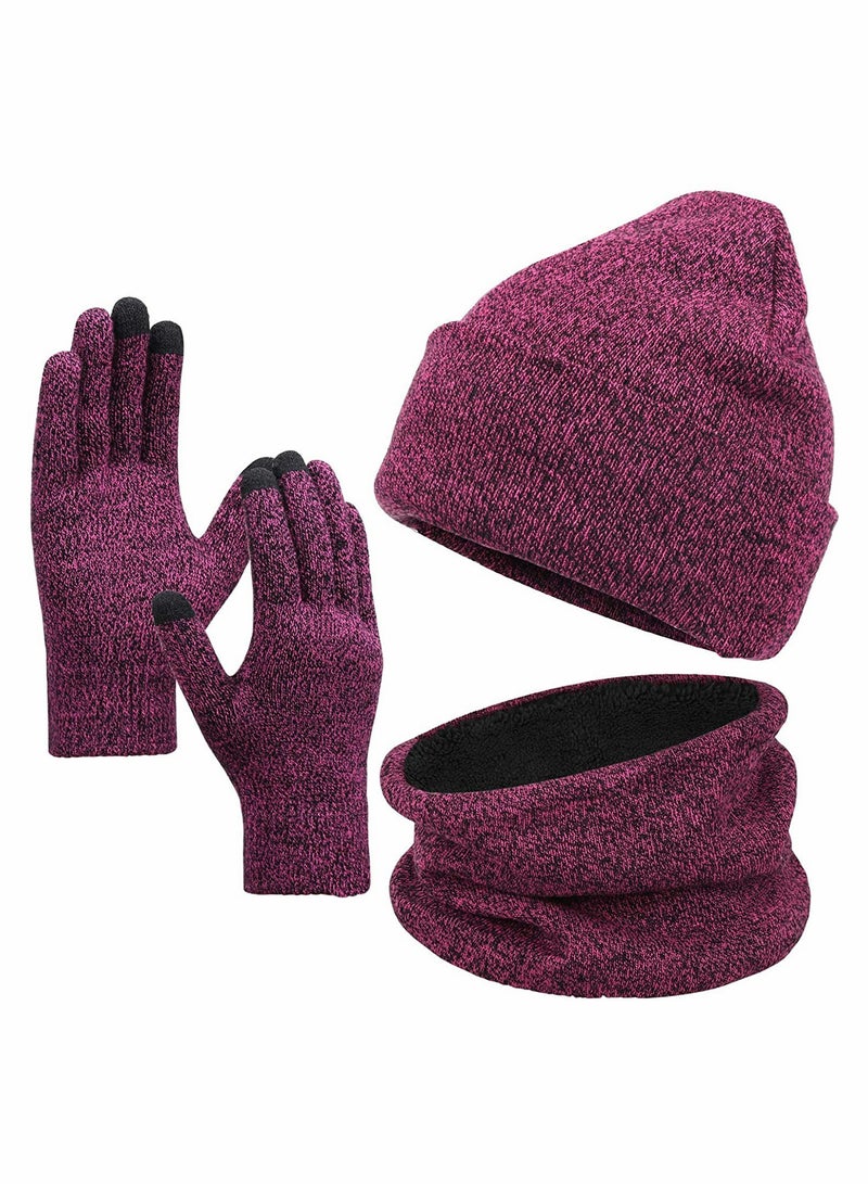 إكسفور Winter Beanie Hat Scarf Touchscreen Gloves Set(Rose Red) - Image 1