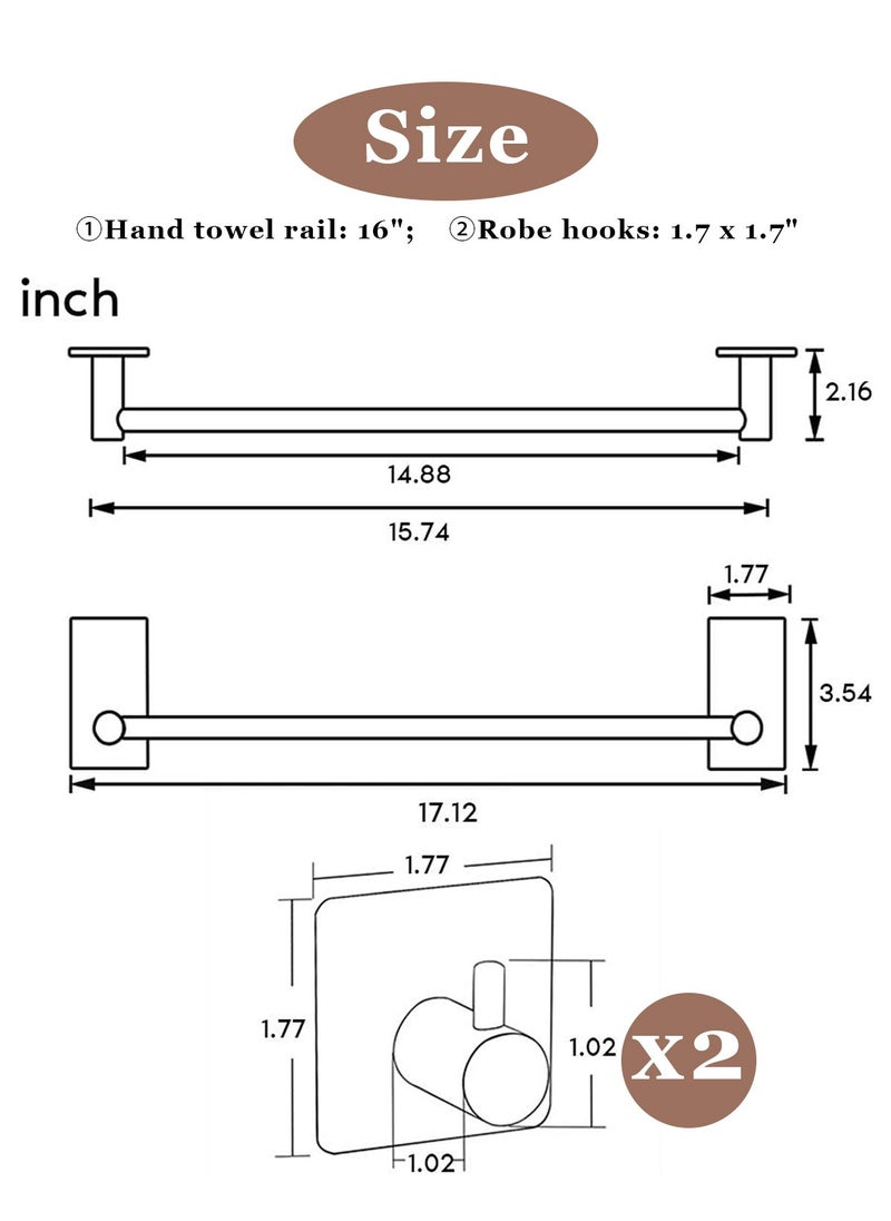 HomarKet 16-Inch Towel Bar - Self Adhesive Bathroom Towel Holder with 2 Packs Towel Hooks, Stainless Steel Bathroom Hardware Accessory Kit, No Drilling  - Image 2