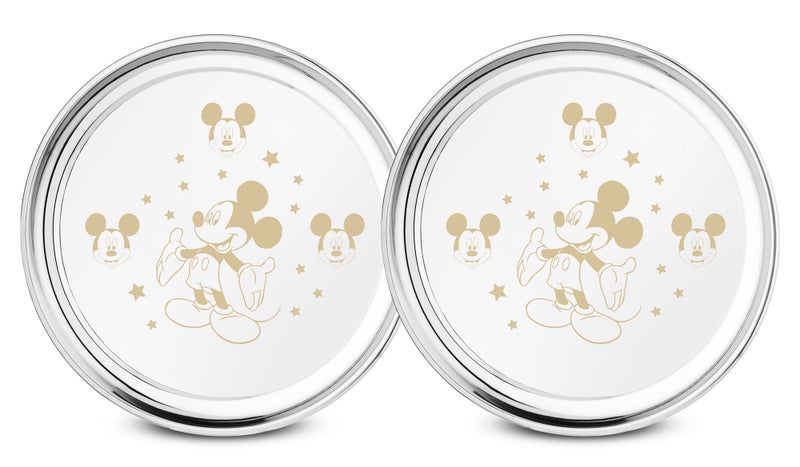 JSI أطباق عشاء من الفولاذ المقاوم للصدأ للأطفال من JSI، مجموعة من 2 قطعة - القطر - 26 سم | تصميم ميكي ماوس المنقوش بالليزر | مقاوم للتآكل والتمزق | لمسة أنيقة ومقاومة للصدأ - Image 1