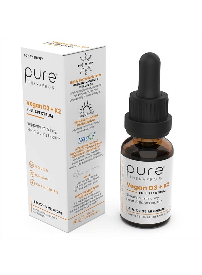 Pure Therapro Rx Vegan D3 + K2 Organic Full Spectrum Liquid for Maximum Absorption, Vitamin D3 and Vitamin K2 Supplements for Men and Women, D3 Vitamin 5000 IU, Liquid Vitamin D3 with K2-0.5 FL Oz - Image 1