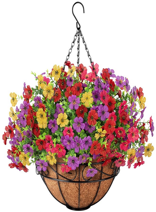 Besteek Artificial Fake Hanging Flowers Plants Basket Outdoors, Faux Silk UV Resistant Look Real Daisy Eucalyptus for Spring Summer Garden Porch Home Patio Balcony Yard Decorations, Multicolor - Image 1