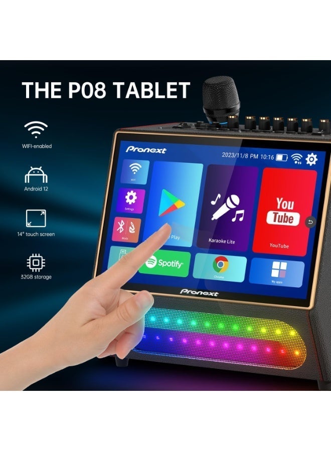 جهاز كاريوكي محمول PRONEXT GD-AP08 مزود بلوحة كلمات أغاني مقاس 14 بوصة، ومكبر صوت بلوتوث بقوة 800 واط، وميكروفونين UHF قابلين لإعادة الشحن، وإضاءة DJ، ونظام كاريوكي واي فاي. - Image 2