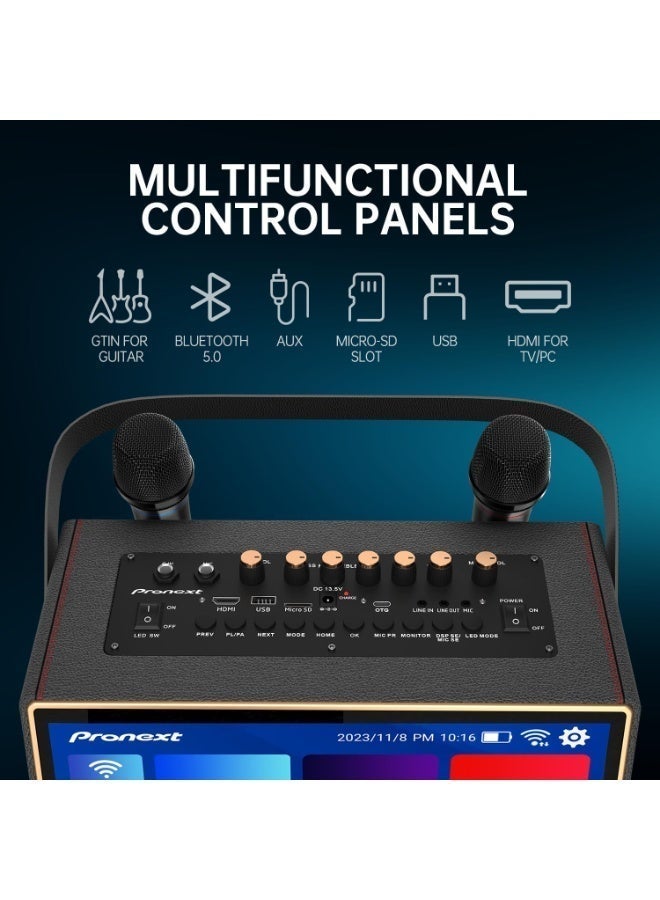جهاز كاريوكي محمول PRONEXT GD-AP08 مزود بلوحة كلمات أغاني مقاس 14 بوصة، ومكبر صوت بلوتوث بقوة 800 واط، وميكروفونين UHF قابلين لإعادة الشحن، وإضاءة DJ، ونظام كاريوكي واي فاي. - Image 5