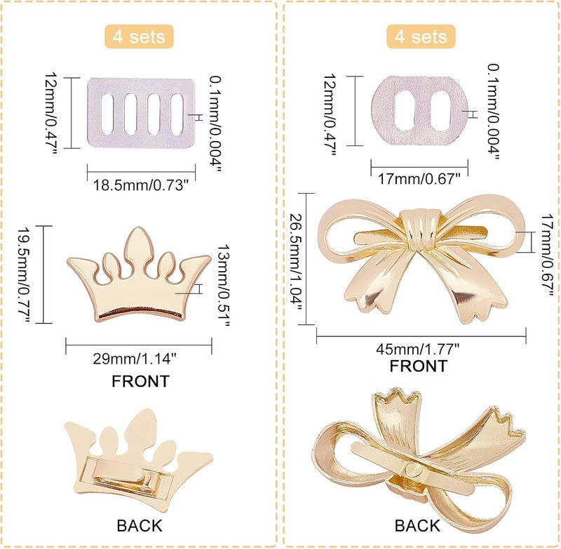 klarako 2 Styles Bag Decorative Buckles, 8 Sets Metal Purse Decorative Clasps Crown Bowknot Shape Coat Shoes Dress Decoration Button with Shims for Clothing Wedding Sewing Crafts Accessories - Image 4