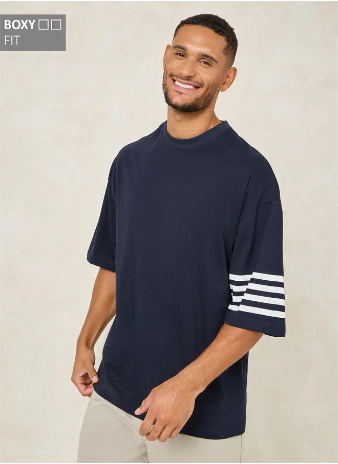 ستايلي Striped Sleeve Boxy Fit Compact Jersey T-Shirt