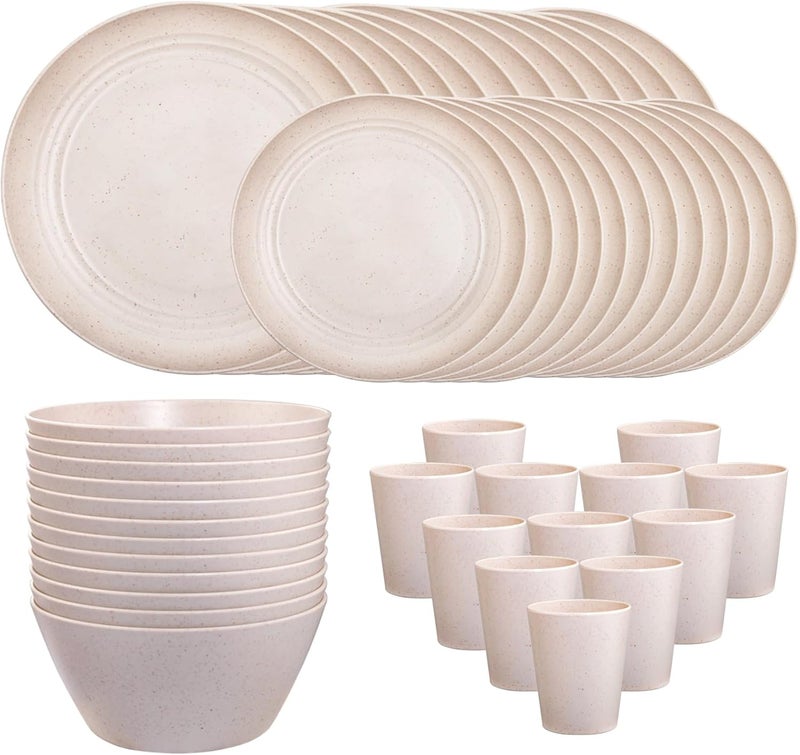 LIYH Love in your heart LIYH 48 Pcs Beige Plastic Wheat Straw Dinnerware Set  Reusable Plates and Bowls Sets Unbreakable Plates Dishes Bowl Cup Outdoor Camper Dish Set for 12 - Image 1
