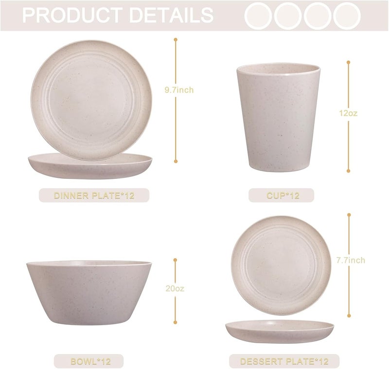 LIYH Love in your heart LIYH 48 Pcs Beige Plastic Wheat Straw Dinnerware Set  Reusable Plates and Bowls Sets Unbreakable Plates Dishes Bowl Cup Outdoor Camper Dish Set for 12 - Image 2