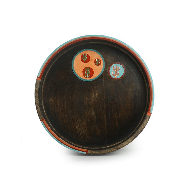 ExclusiveLane 'Oasis Serves' Hand-Painted Round Breakfast Trays For Serving Tea Coffee In Mango Wood - Decorative Snacks Tray For Serving Tray For Home Kitchen Table Tray For Dinning Table Accessories - Image 4