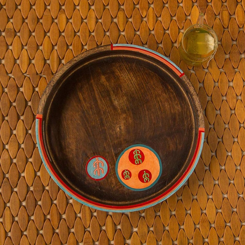 ExclusiveLane 'Oasis Serves' Hand-Painted Round Breakfast Trays For Serving Tea Coffee In Mango Wood - Decorative Snacks Tray For Serving Tray For Home Kitchen Table Tray For Dinning Table Accessories - Image 1