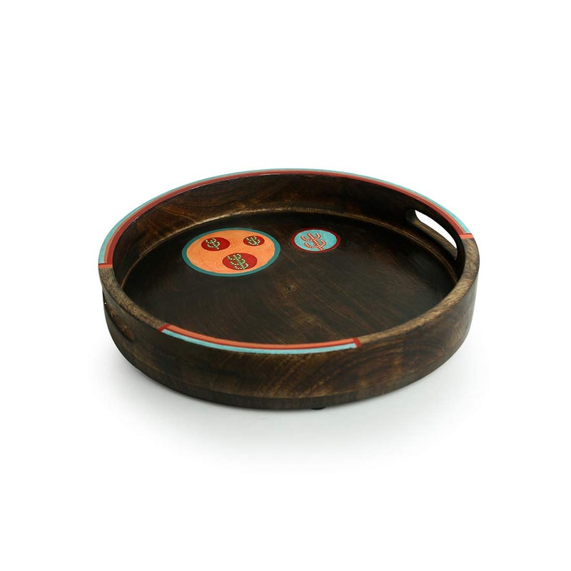 ExclusiveLane 'Oasis Serves' Hand-Painted Round Breakfast Trays For Serving Tea Coffee In Mango Wood - Decorative Snacks Tray For Serving Tray For Home Kitchen Table Tray For Dinning Table Accessories - Image 3