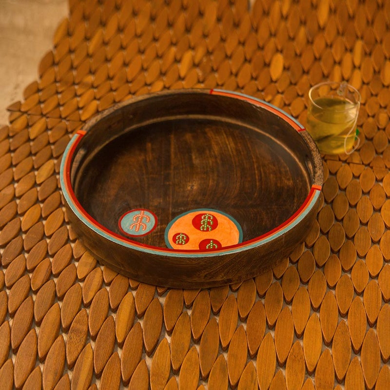 ExclusiveLane 'Oasis Serves' Hand-Painted Round Breakfast Trays For Serving Tea Coffee In Mango Wood - Decorative Snacks Tray For Serving Tray For Home Kitchen Table Tray For Dinning Table Accessories - Image 2