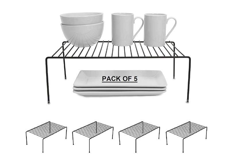 12FOR COLLECTION 5pcs Black Stainless Steel Kitchen Dish Rack Expandable Storage Shelves for Kitchen Cabinets Multipurpose Organizer Extend with AntiRust Nano Coating Black Pack of 5 Tiered Shelf - Image 1