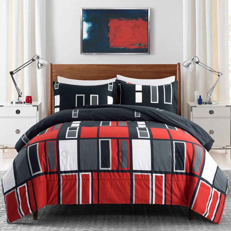 ARTALL Microfiber 2 Pieces Comforter Set Black Gray Red Plaid Pattern Lightweight Bedding Set Twin Size with 1 Sham