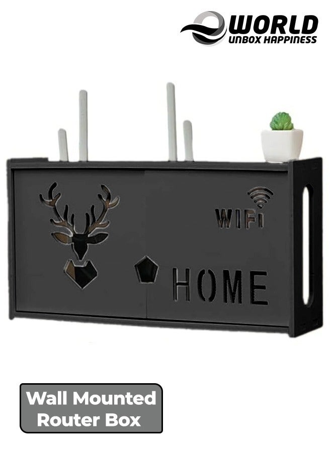 Eworld Stylish Wall-Mounted Router Rack for Wi-Fi Router, Set-Top Box, Light Cat Box, and More, Includes Doors and Patch Panel Shielding Box for Neat Storage, Black - Image 1