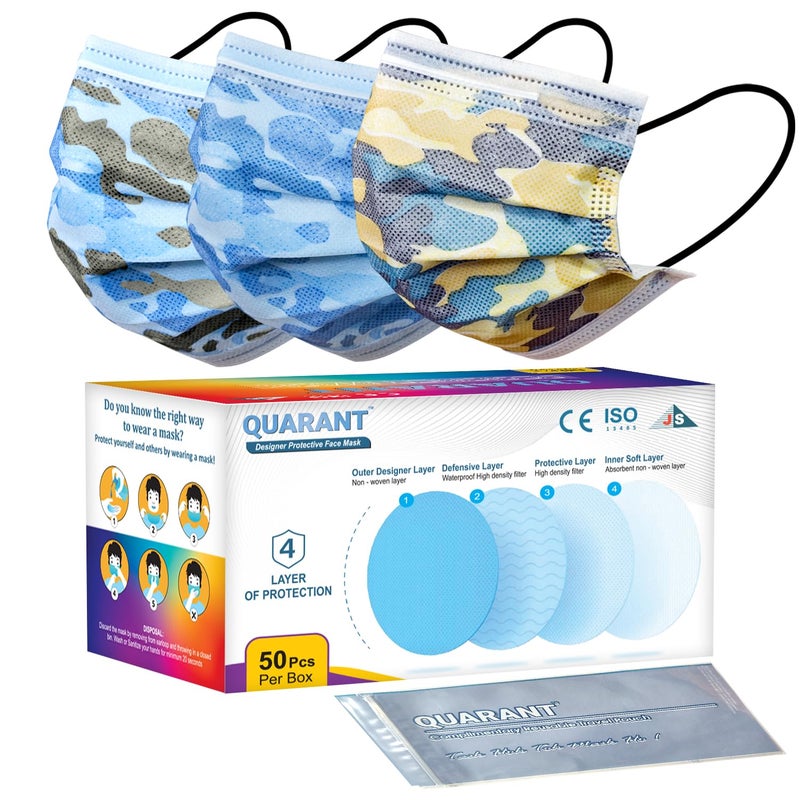 QUARANT قناع وجه مصمم مزدوج من قماش SMMS 4 طبقات مع مشبك أنف وحقيبة سفر قابلة لإعادة الاستخدام، موضة آمنة (تصميم تمويه، عبوة من 50) للجنسين - Image 1