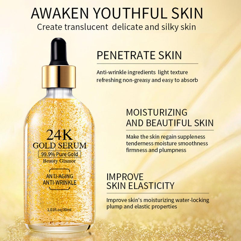 Grospe 24K Gold Serum for Face, 2Pack Skin Tone Even Anti Aging Moisturizer with Vitamin,Glow Collagen Booster Serum Hyaluronic Acid for Dark Spots & Fine Lines, 2.02fl oz - Image 2