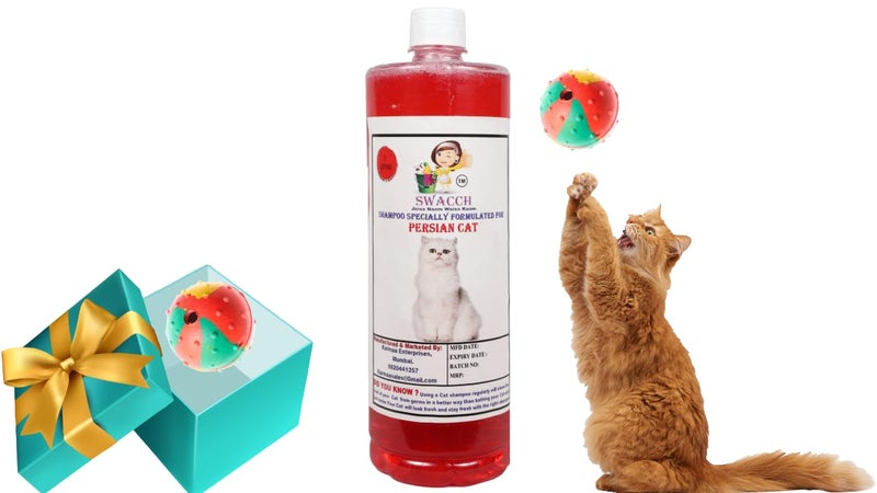 swacch Persian Cat Shampoo + Rubber Musical Ball I Chew Playing Rubber Ball I Interactive Cat Toy Balls I Training & Play I Combo Pack I 1 Litre Strawberry - Image 1