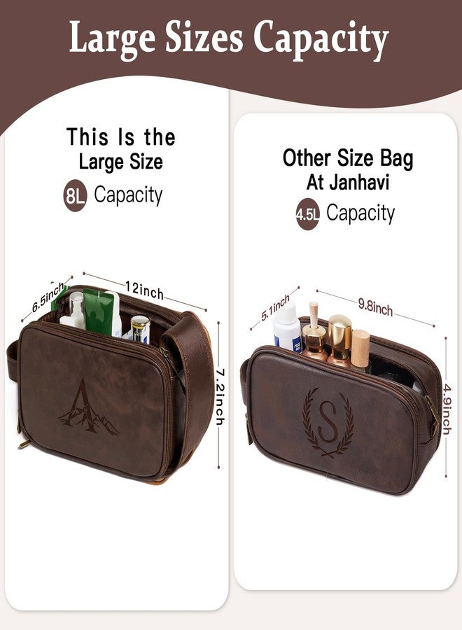 Janhavi Large Toiletry Bag For Men Waterproof, Groomsmen Gifts Personalized Leather Engraved Initials & Mountain, Mens Toiletry Travel Bag, Birthday Gifts For Men, Travel Tssentials (Dark Brown A) - Image 3