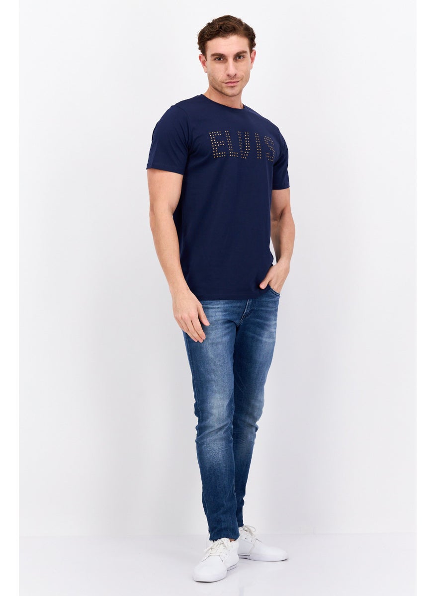 ELVIS Men Crew Neck Short Sleeves Graphic Printed T-Shirt, Navy Blue  - Image 4