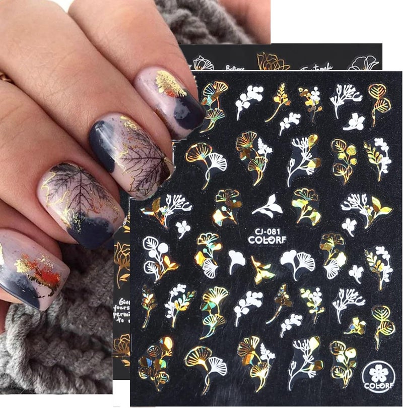 UCCASA 6 Sheets Fall Nail Decals Thanksgiving 3D Self-Adhesive Nail Stickers Autumn Maple Leaf Nail Art Supplies White Gold Flower Butterfly with Designs Fall Leaves Nail Art Stickers for Women Decoration - Image 2