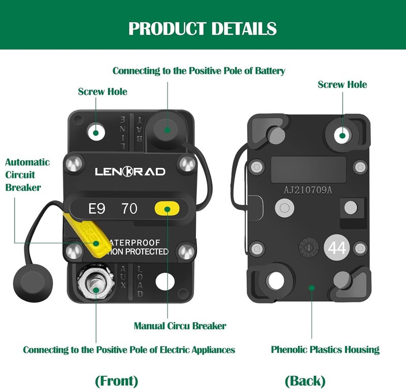 LENKRAD 70 Amp Marine Circuit Breaker Resettable 70A with Manual Reset Switch Button for Boat, Trolling, RV, Yacht, 12V - 48V DC, Waterproof, Surface Mount(70 Amp Boat Circuit Breaker) - Image 5