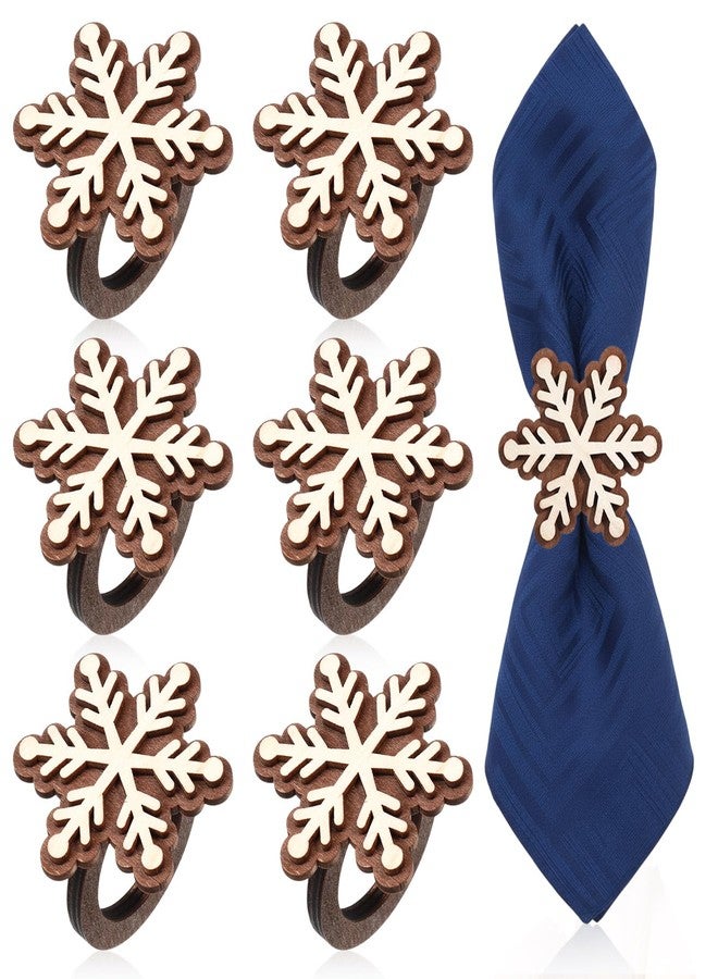 Willinglong 6 Pcs Wooden Christmas Napkin Rings 3D Snowflake Napkin Holders Walnut Wood Brown Handmade for Holiday Thanksgiving Xmas Winter Birthday Banquet Dinning Table Decorations - Image 1