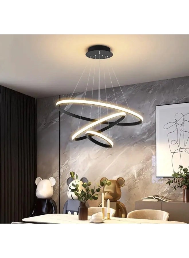 AL THURAYAT Luxurious and modern 60cm LED chandelier with three black-colored circular LED rings, offering three lighting colors, made from high-quality materials, with remote control.(Black color) - Image 4