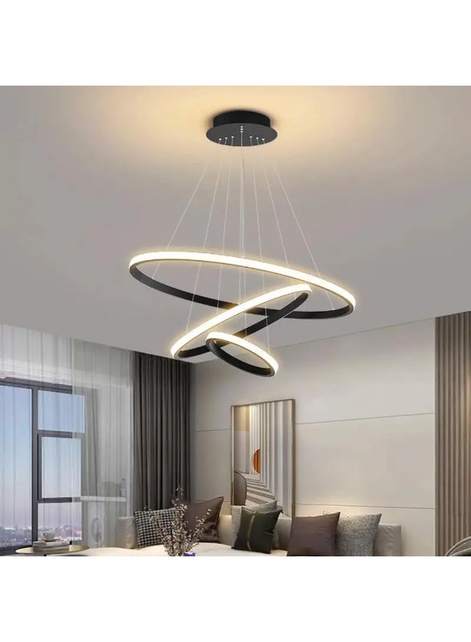AL THURAYAT Luxurious and modern 60cm LED chandelier with three black-colored circular LED rings, offering three lighting colors, made from high-quality materials, with remote control.(Black color) - Image 5