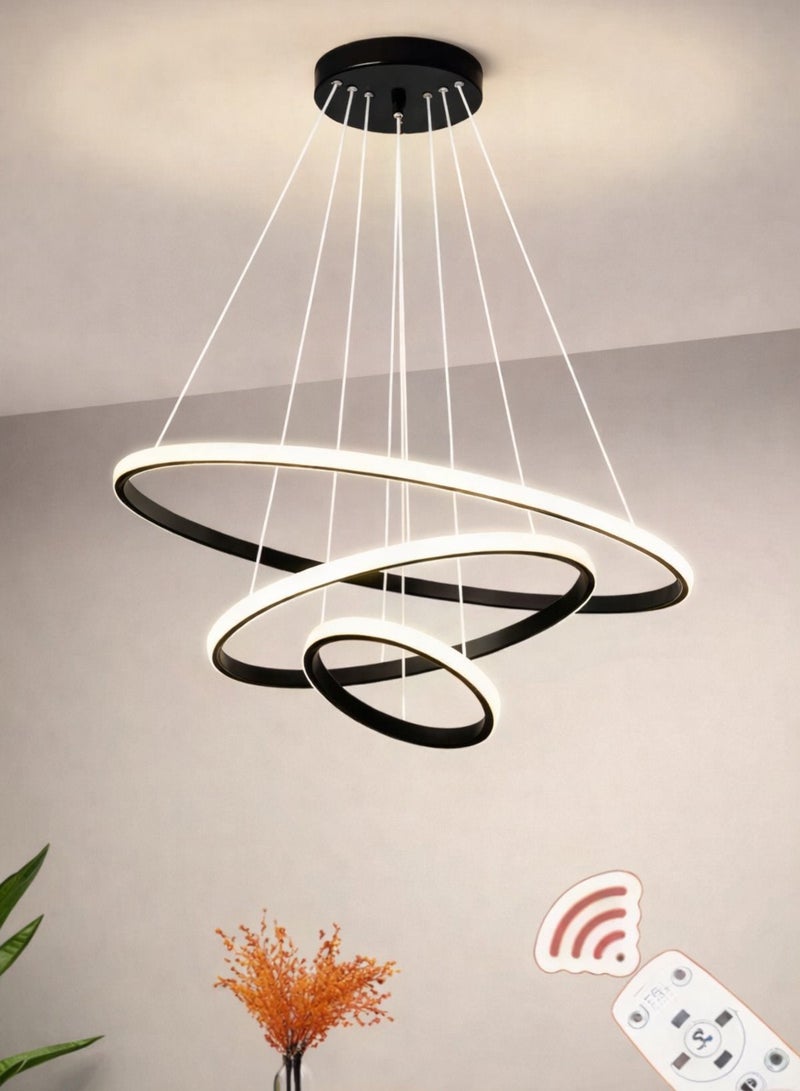 AL THURAYAT Luxurious and modern 60cm LED chandelier with three black-colored circular LED rings, offering three lighting colors, made from high-quality materials, with remote control.(Black color) - Image 1