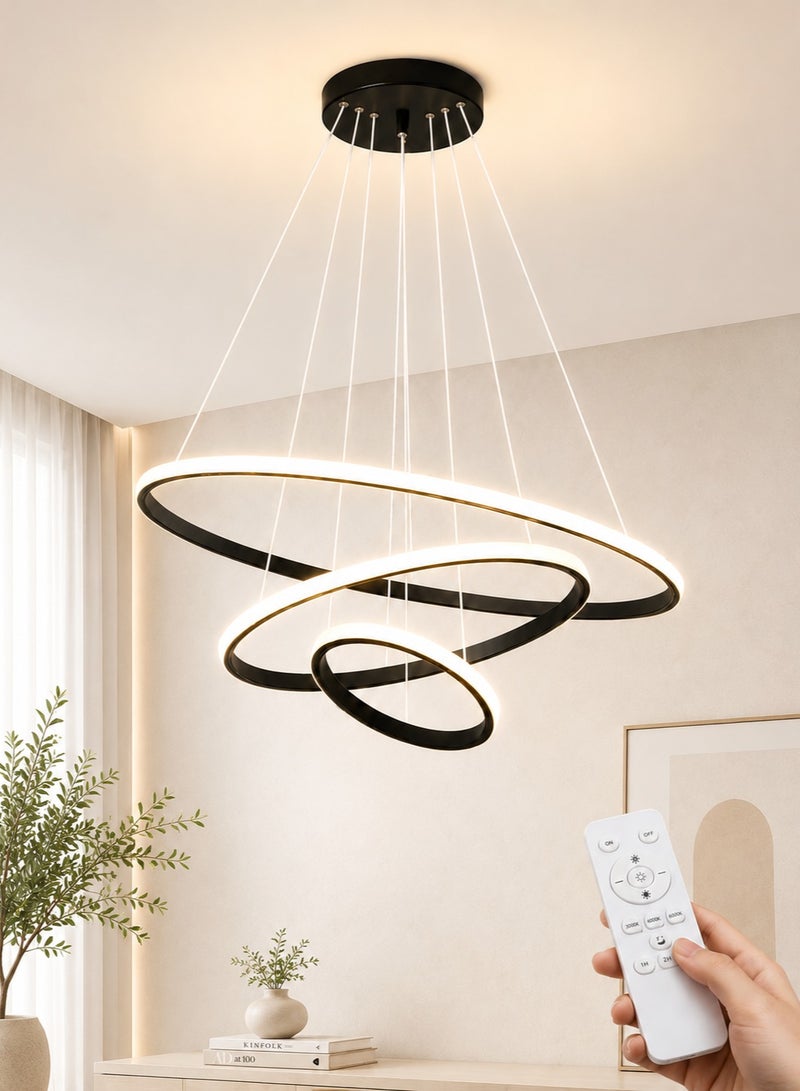 الثريات ثريا LED مودرن 60 سم – 3 ألوان إضاءة مع ريموت كنترول – تصميم حلقات دائرية أنيق – إنارة سقف سوداء للصالون وغرفة المعيشة - Image 1