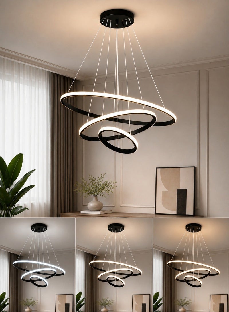 الثريات ثريا LED مودرن 60 سم – 3 ألوان إضاءة مع ريموت كنترول – تصميم حلقات دائرية أنيق – إنارة سقف سوداء للصالون وغرفة المعيشة - Image 2