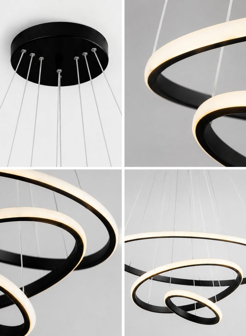 الثريات ثريا LED مودرن 60 سم – 3 ألوان إضاءة مع ريموت كنترول – تصميم حلقات دائرية أنيق – إنارة سقف سوداء للصالون وغرفة المعيشة - Image 3