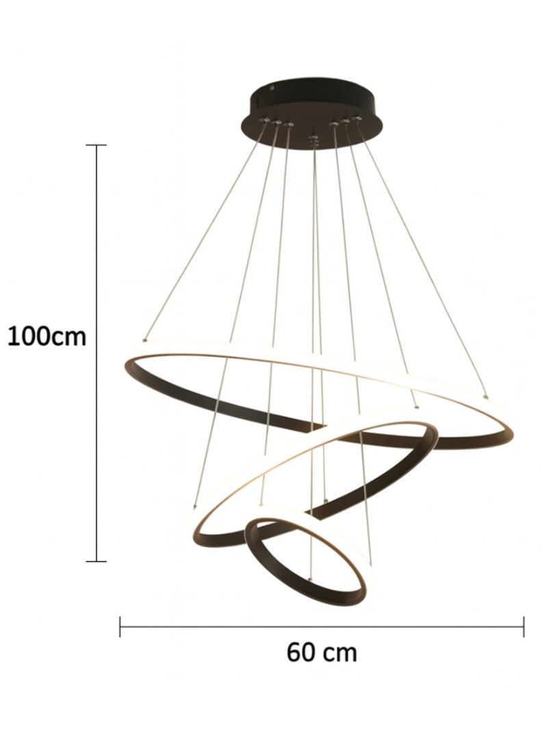 الثريات ثريا LED مودرن 60 سم – 3 ألوان إضاءة مع ريموت كنترول – تصميم حلقات دائرية أنيق – إنارة سقف سوداء للصالون وغرفة المعيشة - Image 4