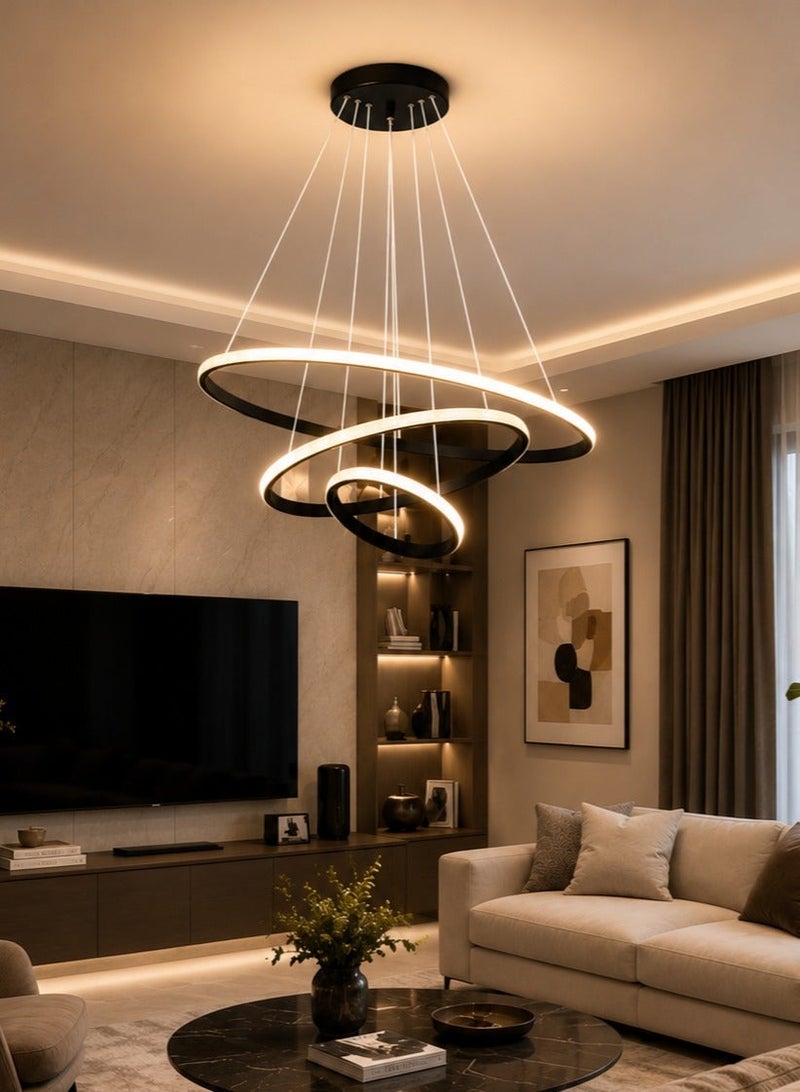الثريات ثريا LED مودرن 60 سم – 3 ألوان إضاءة مع ريموت كنترول – تصميم حلقات دائرية أنيق – إنارة سقف سوداء للصالون وغرفة المعيشة - Image 5
