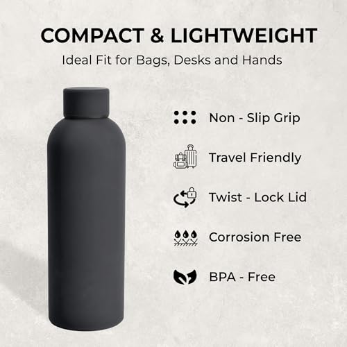 SuperGeneriX 17oz Matte Finish Stainless Steel Water Bottle | Vacuum Insulated Travel Bottle |12 hrs Hot & 18 hrs Cold| Smooth Rubber Finish Water Bottle (Black) - Image 5