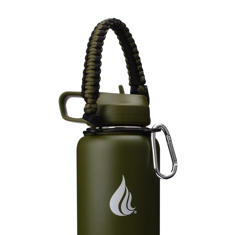 HYDRO CELL Paracord Handle for Wide Mouth Water Bottles - Carrier Strap w/Attachment Ring and Carabiner Accessory. Compatible w/ 64oz, 40oz 32oz, 24oz, 18oz, 14oz Insulated Bottles (Army/Black) - Image 1