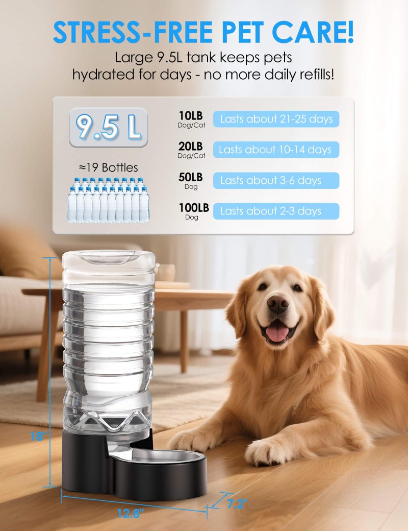 Heouvo 2.5 Gallon Automatic Dog Water Dispenserã€Wide Mouth for Easy Hand-in Cleaningã€‘ã€Removable Stainless Steel Bowlã€‘, Gravity Refilling Large Capacity for Cats and Dogs, Multi-Pet Homes - Image 2