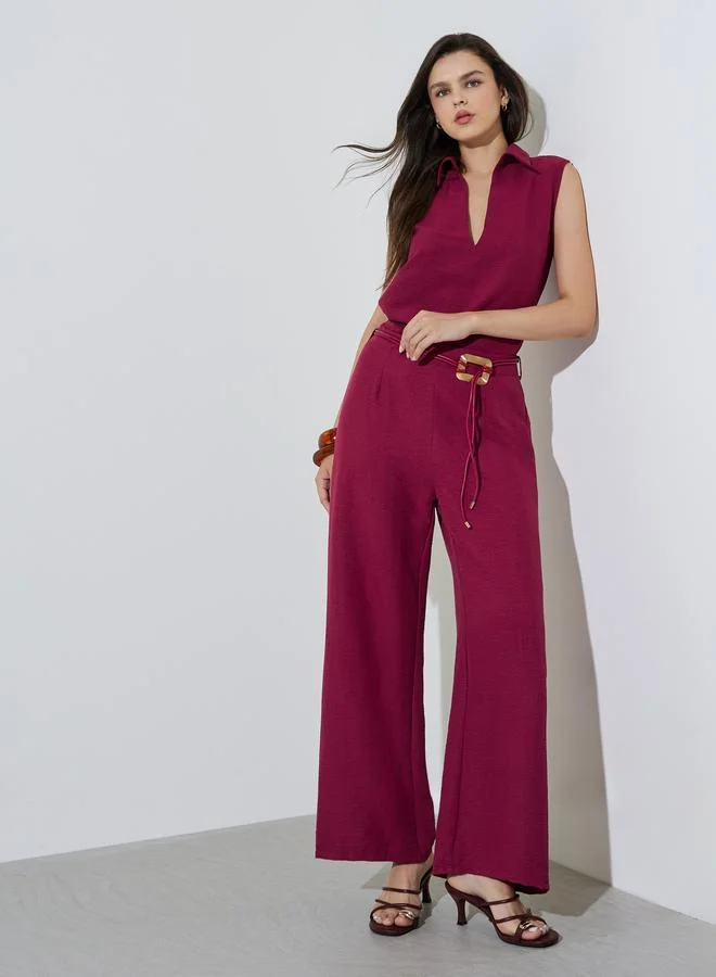 تايك تو Burgundy Open Collar Top and Pants Co-Ords Set