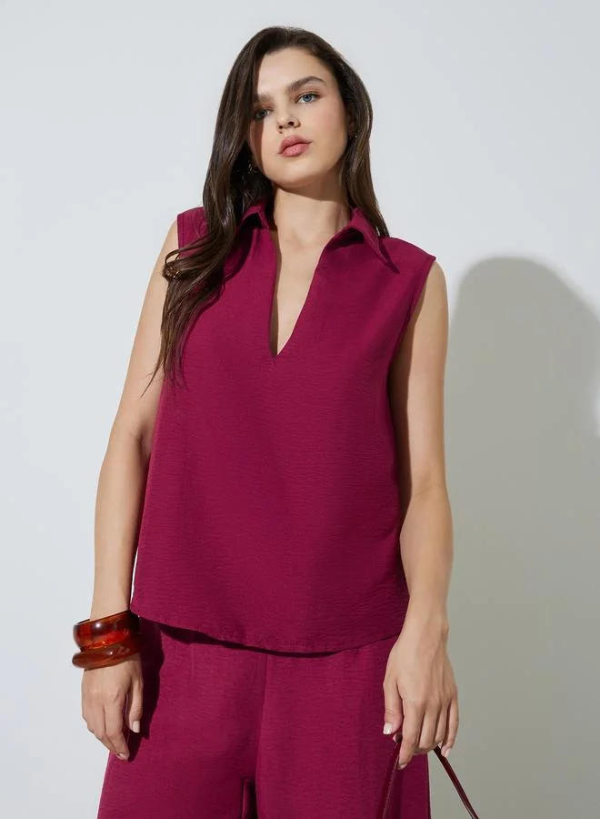 تايك تو Burgundy Open Collar Top and Pants Co-Ords Set