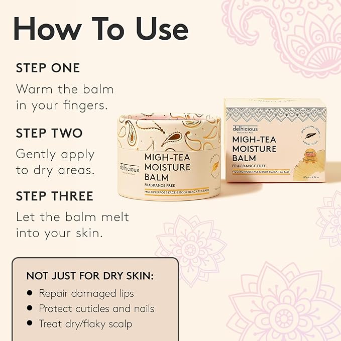 Delhicious MighTea Moisture Face Body Balm for Very Dry Skin Nourishing Shea Butter Moisturiser Eczema Relief Psoriasis Treatment Natural Vegan Ayurveda Body Butter with Almond Oil 50g - Image 5