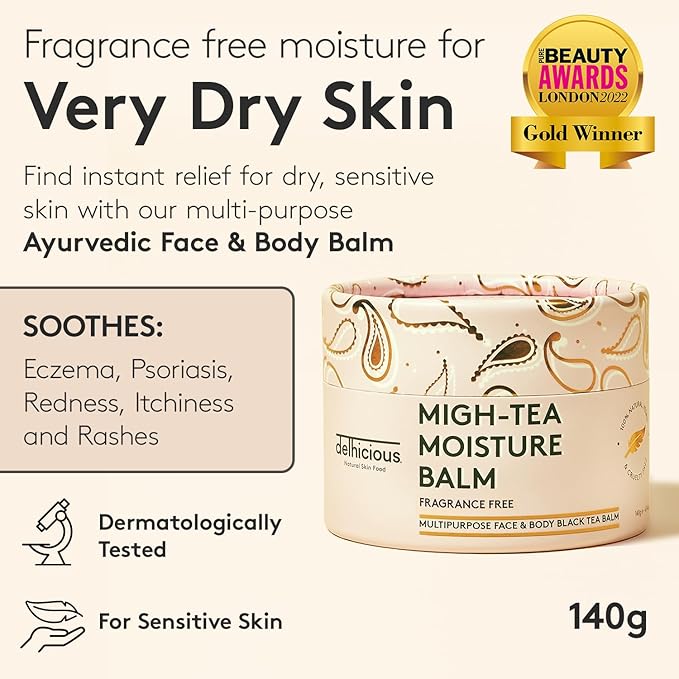 Delhicious MighTea Moisture Face Body Balm for Very Dry Skin Nourishing Shea Butter Moisturiser Eczema Relief Psoriasis Treatment Natural Vegan Ayurveda Body Butter with Almond Oil 50g - Image 2