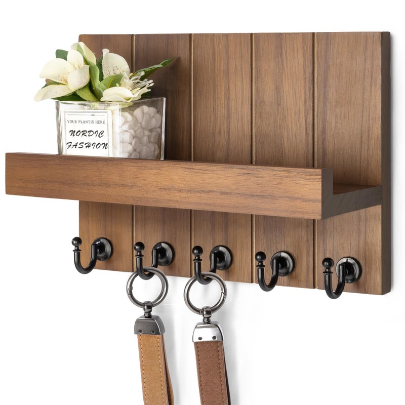 Rebee Vision Decorative Key Holder Wall Mount - Rustic Key Holder for Wall with Shelf and Mail Organizer for Living Room Decor - Home Essentials for Home Improvement (Brown, 3.54" x 10" x 7.28") - Image 1