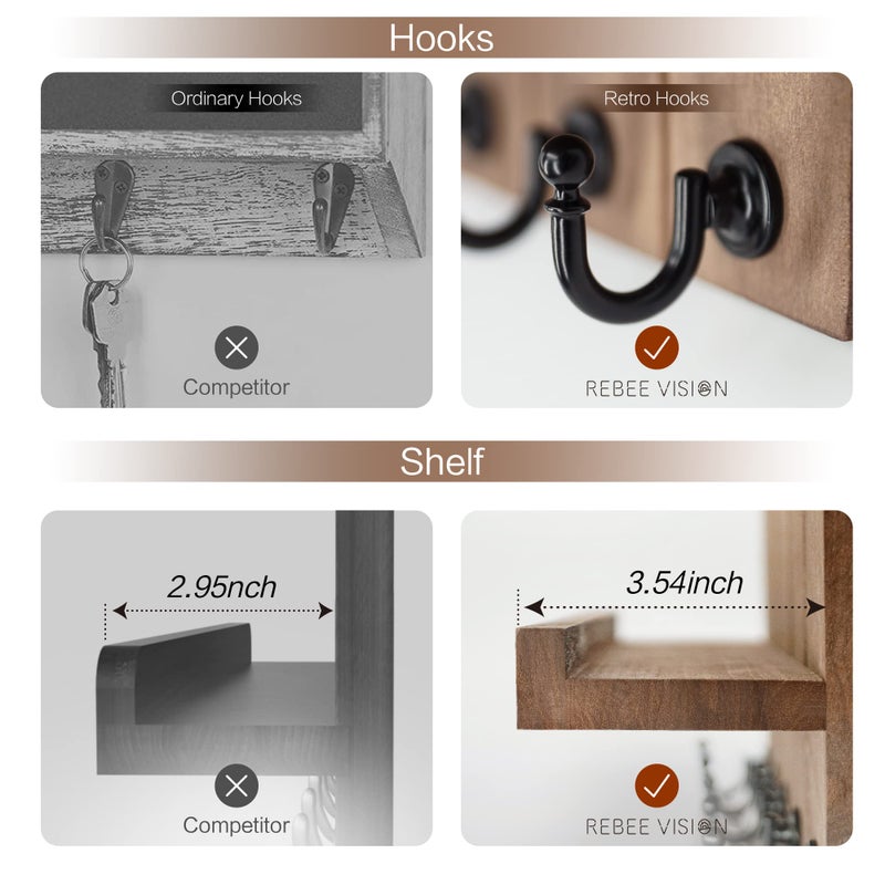 Rebee Vision Decorative Key Holder Wall Mount - Rustic Key Holder for Wall with Shelf and Mail Organizer for Living Room Decor - Home Essentials for Home Improvement (Brown, 3.54" x 10" x 7.28") - Image 5