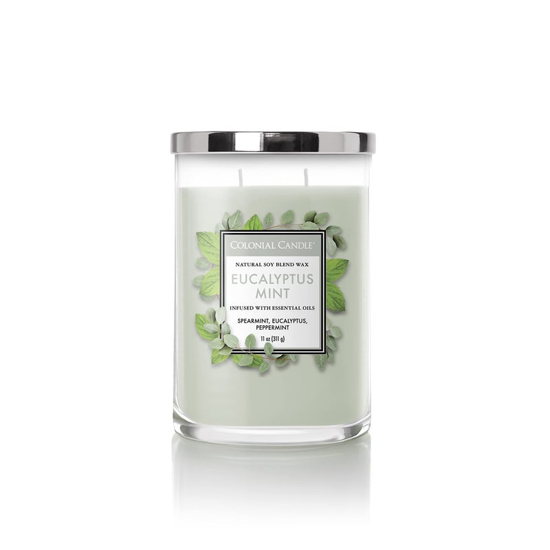 Colonial Candle Eucalyptus Mint Scented Jar Candle Classic Cylinders Collection 2 Wick Green 11 oz Up to 80 Hours Burn