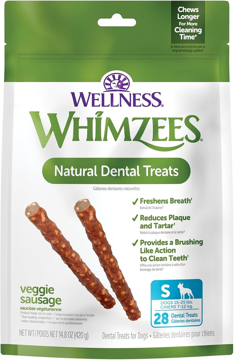 WHIMZEES Natural Grain Free Daily Dental Long Lasting Dog Treats, Veggie Sausage, Small, Bag of 28 - Image 1