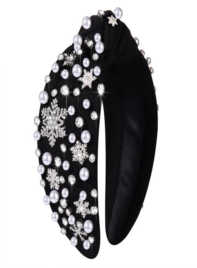 HZEYN Christmas Pearl Snowflake Headband - Jeweled Crystal Embellished Knotted Hair Accessory for Women - Winter Xmas Santa Holiday Party - Image 1