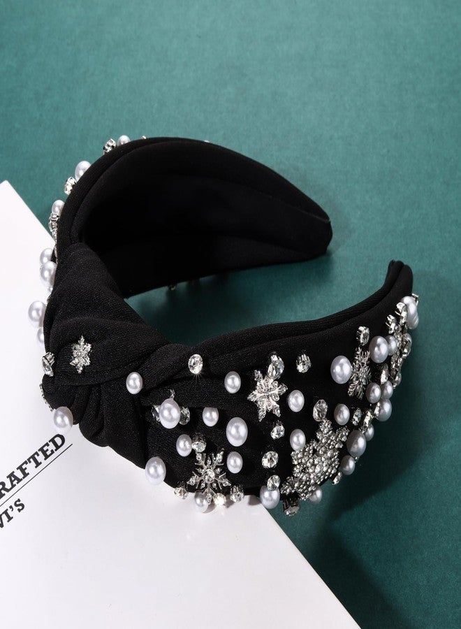HZEYN Christmas Pearl Snowflake Headband - Jeweled Crystal Embellished Knotted Hair Accessory for Women - Winter Xmas Santa Holiday Party - Image 3